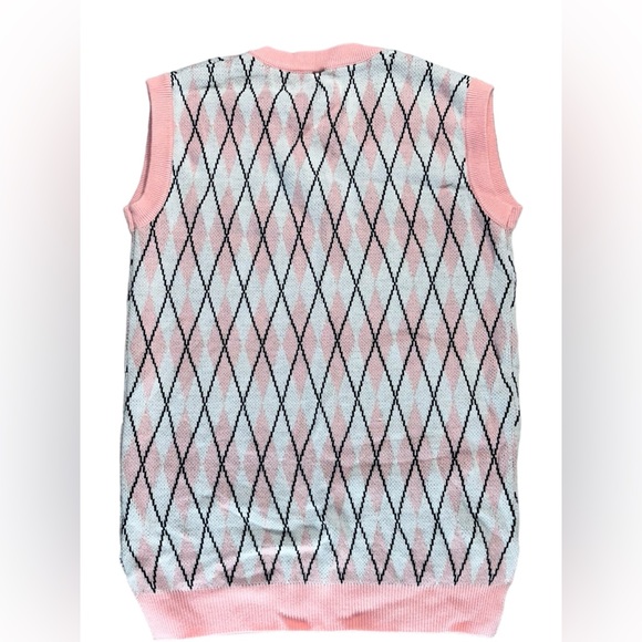 SHEIN Qutie Contrasting Colors Argyle Print Round Neck Tight Pink Tank Top - Picture 9 of 10